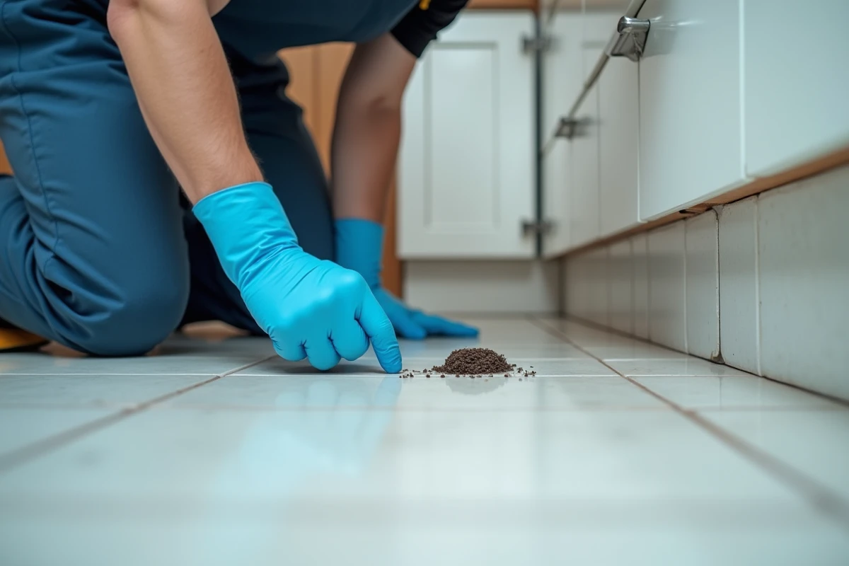 Inspecteur en gants examinant des crottes de rat sur un carrelage de cuisine, inspection sanitaire rongeurs