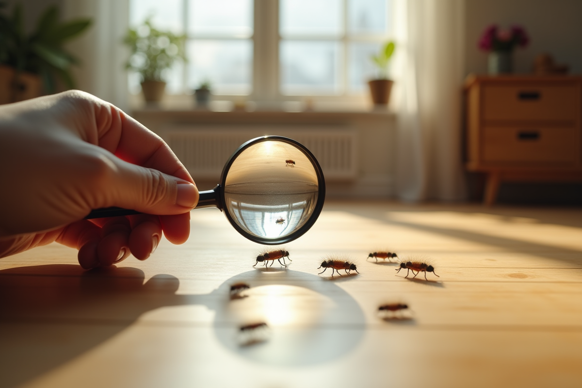 Main tenant une loupe sur un sol en bois avec des puces