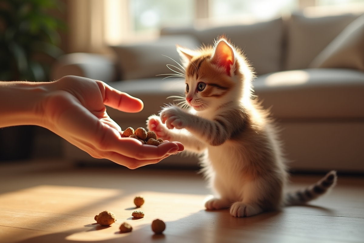 Chaton jouant avec des croquettes dans une pièce chaleureuse