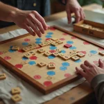 Plateau de jeu Petit Bac avec lettres et mains de joueurs autour d'une table en bois