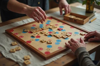 Plateau de jeu Petit Bac avec lettres et mains de joueurs autour d'une table en bois