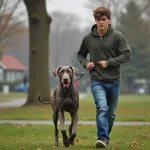 Jeune adolescent tirant doucement sur un chien weimaraner dans un parc