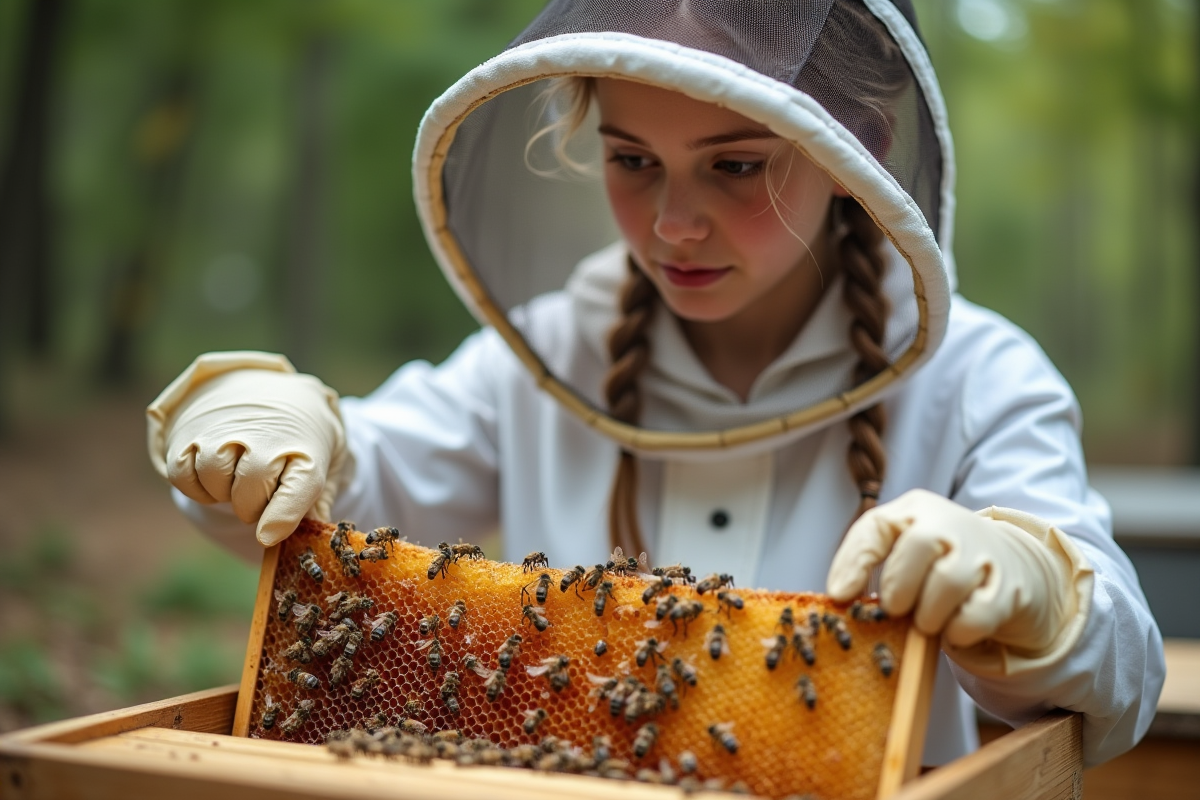 Jeune apicultrice examinant une ruche et des abeilles