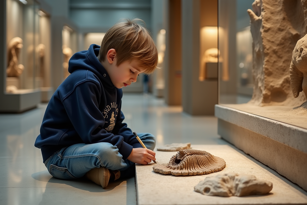 Jeune garçon dessine un fossile de trilobite au musée