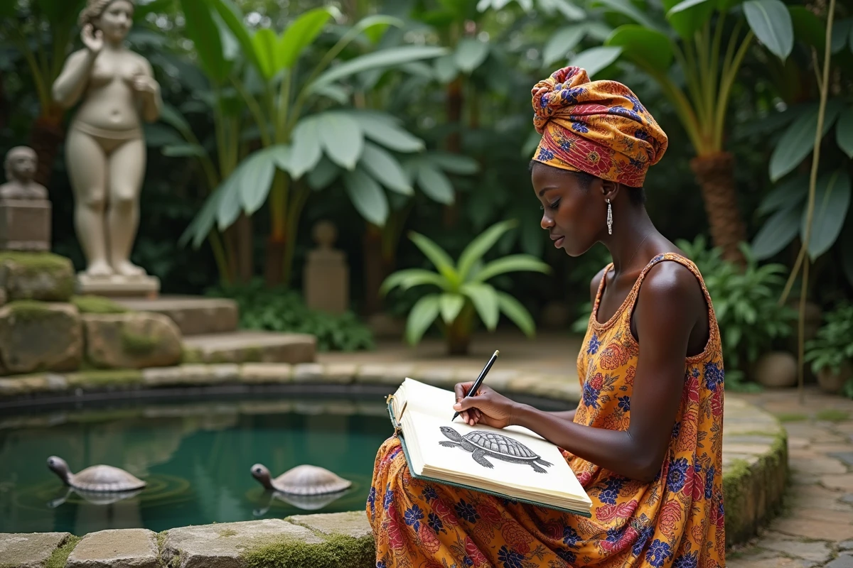 Jeune femme africaine esquissant une tortue dans un jardin botanique