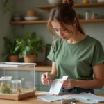Jeune femme assemble un kit d'ferme à fourmis à la maison
