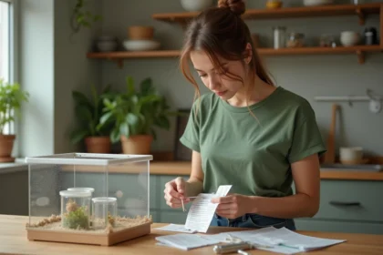 Jeune femme assemble un kit d'ferme à fourmis à la maison