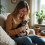 Jeune femme avec chaton tabby dans les bras dans un salon lumineux