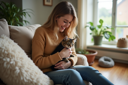 Jeune femme avec chaton tabby dans les bras dans un salon lumineux