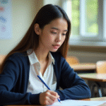 Jeune femme concentrée à l'examen dans une salle de classe