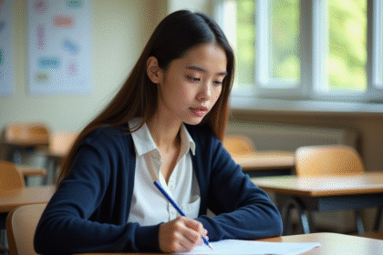 Jeune femme concentrée à l'examen dans une salle de classe