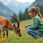 Jeune fille observe un urial dans la prairie