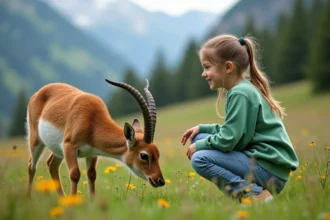 Jeune fille observe un urial dans la prairie