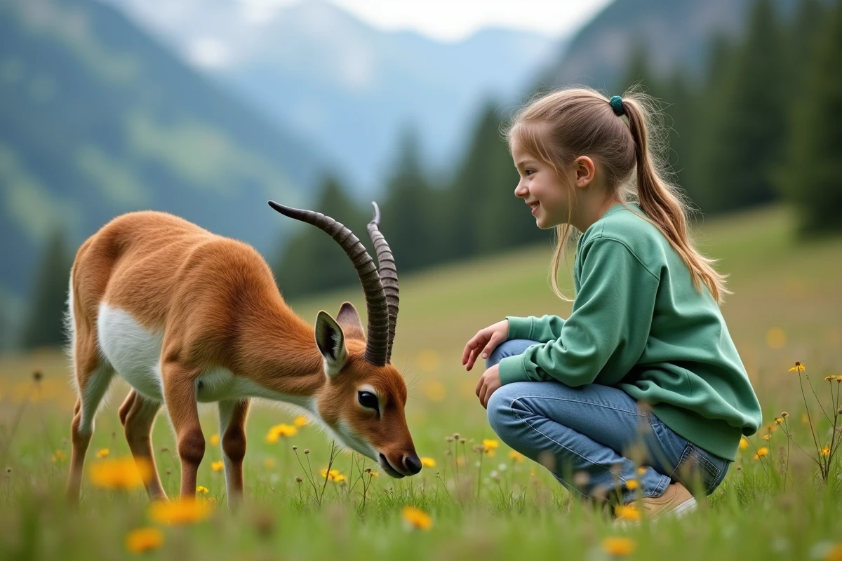 Jeune fille observe un urial dans la prairie