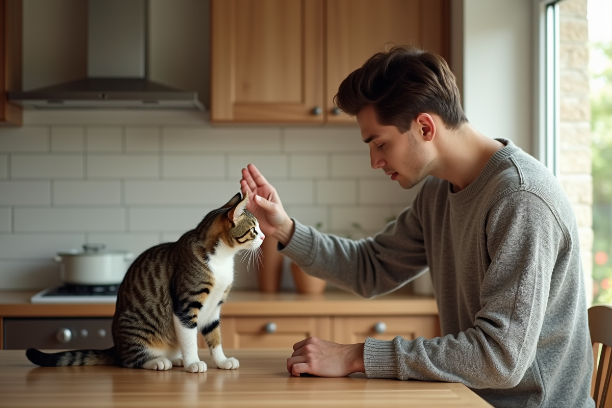 Jeune homme tendant la main à un chat sur la table de cuisine