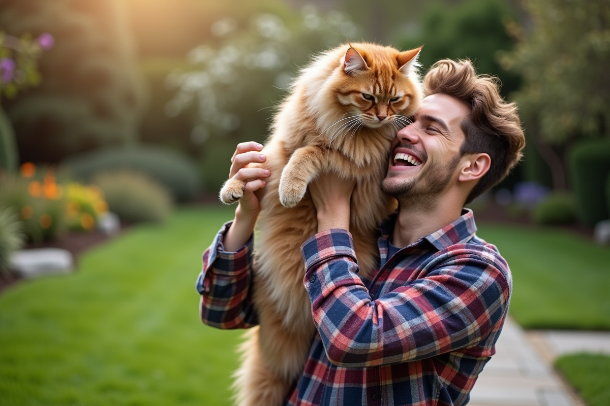 Jeune homme jouant avec un chat dans un jardin en plein air