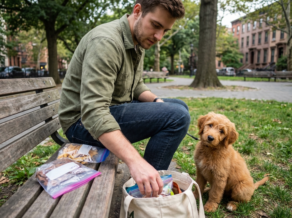 Jeune homme avec un chiot dans un parc urbain