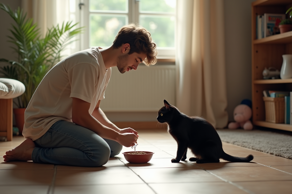 Jeune homme remuant des croquettes pour chat sur le sol