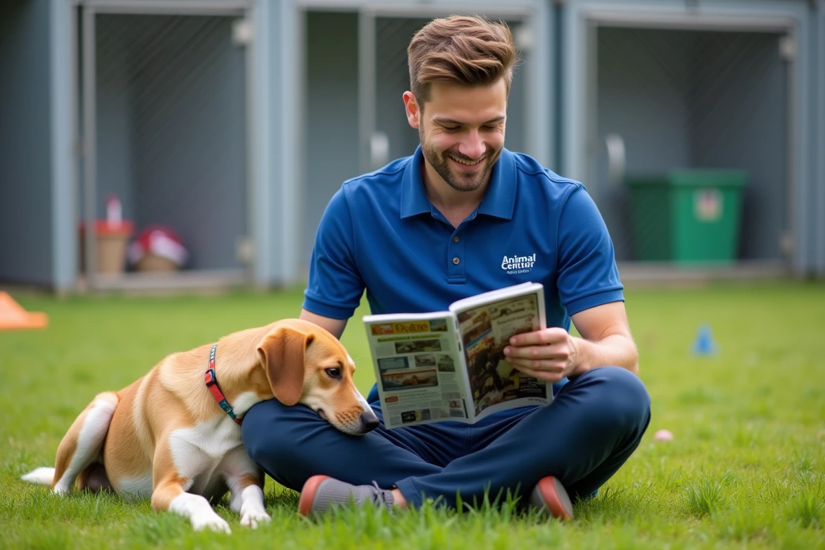 Jeune homme avec chien rescue dans un jardin