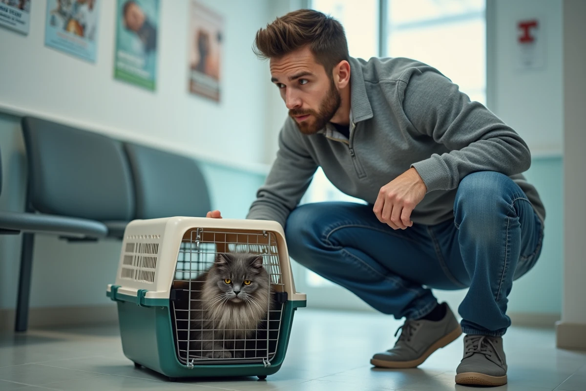 Jeune homme avec chat dans une clinique vétérinaire