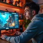 Joueur adulte concentré devant un écran affichant l'interface de répartition des bonus d'un MMORPG fantastique coloré