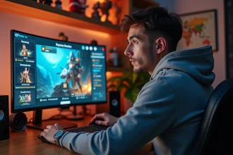 Joueur adulte concentré devant un écran affichant l'interface de répartition des bonus d'un MMORPG fantastique coloré