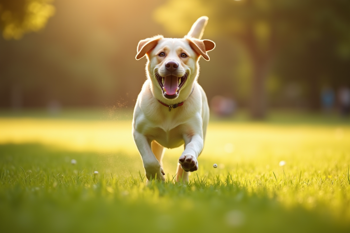 Labrador américain courant dans un parc ensoleillé