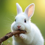 Lapin blanc mordu un baton en bois dans la lumière naturelle