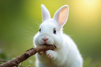 Lapin blanc mordu un baton en bois dans la lumière naturelle