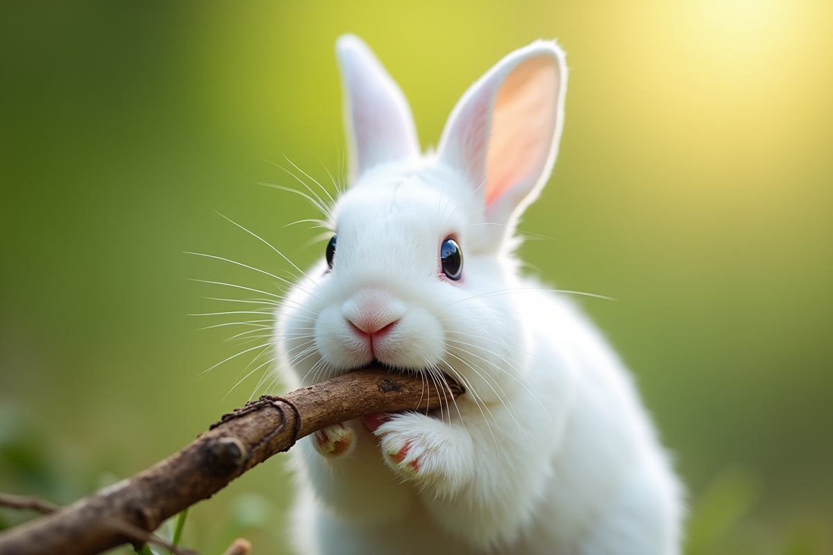 Lapin blanc mordu un baton en bois dans la lumière naturelle