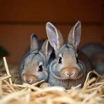 Lapin nouveau-ne près de sa mère dans une cabane en bois