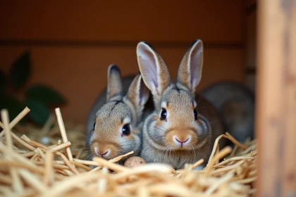 Lapin nouveau-ne près de sa mère dans une cabane en bois