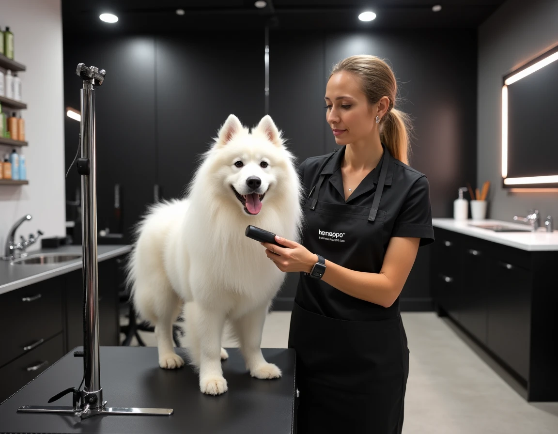Toiletteuse du salon Le Chien Beauté à Saint-Fons brossant un samoyède blanc avec un slicker brush