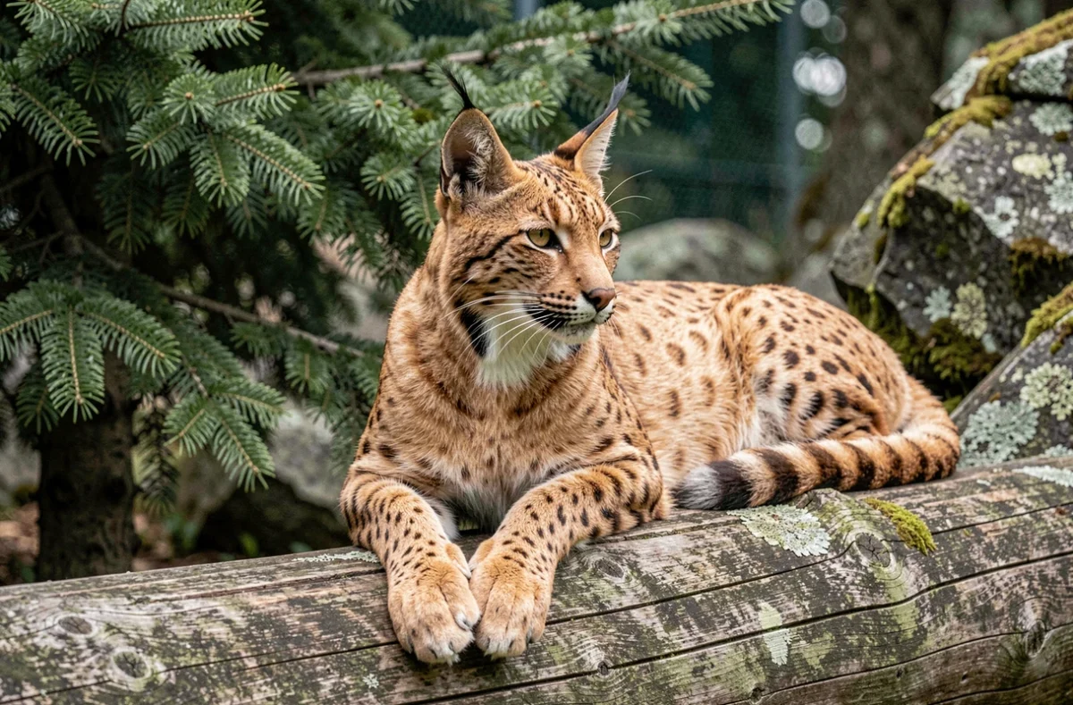 Lynx boréal au pelage tacheté allongé sur un tronc dans un parc animalier de Savoie avec végétation alpine en arrière-plan flou