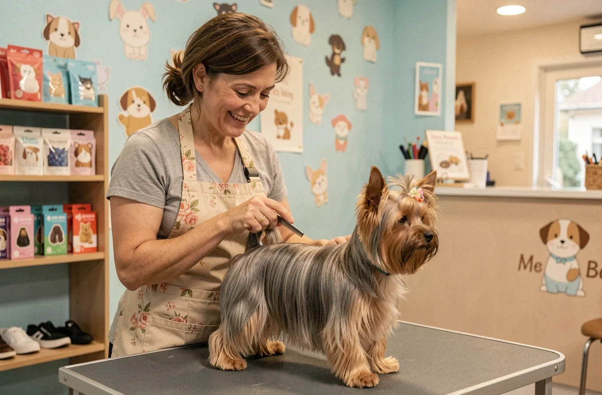 Toiletteuse de La Maison de Toutou à Décines-Charpieu peignant un Yorkshire terrier avec soin
