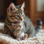 Maman chat portant un petit chaton de une semaine dans un intérieur chaleureux