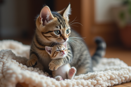 Maman chat portant un petit chaton de une semaine dans un intérieur chaleureux
