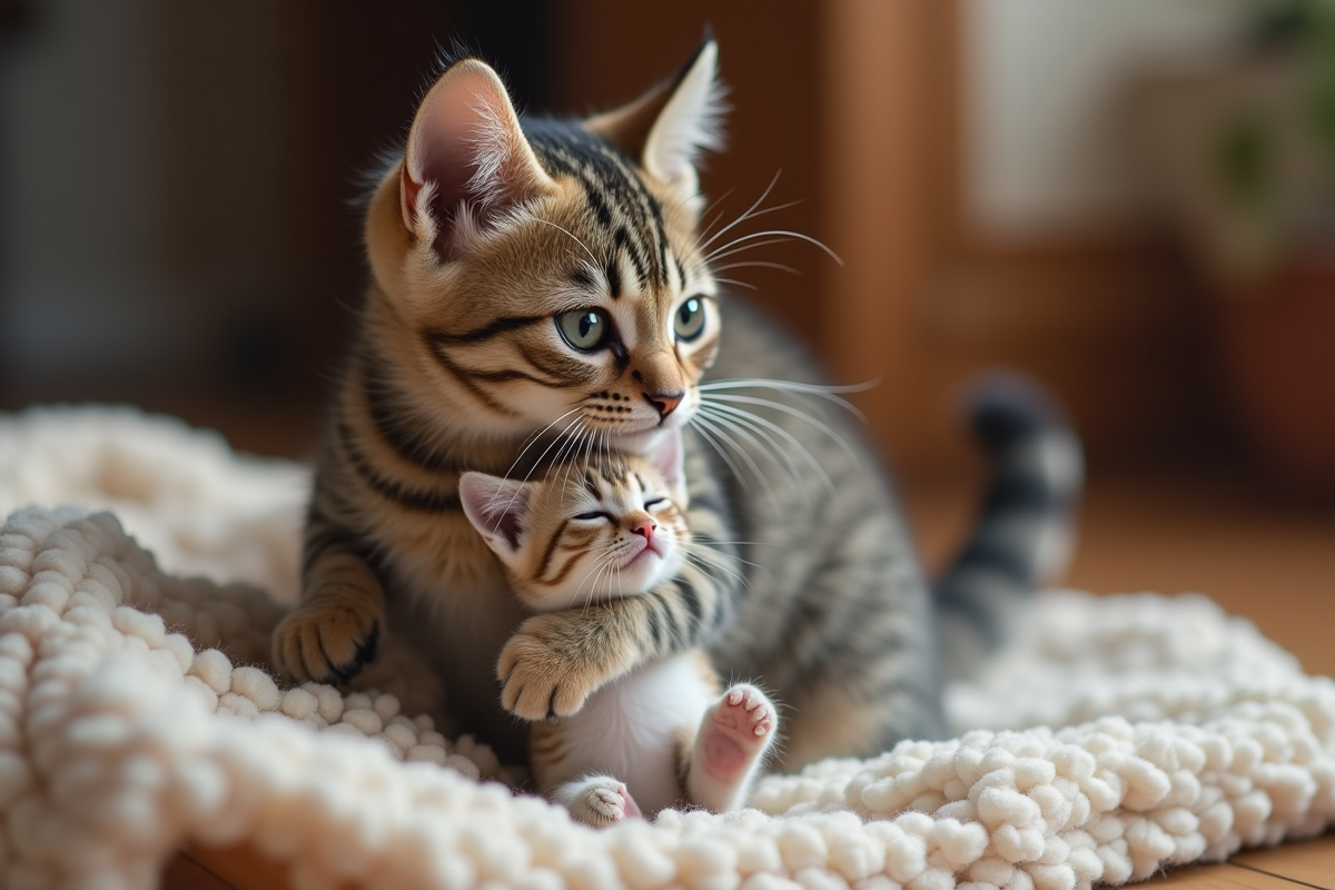 Maman chat portant un petit chaton de une semaine dans un intérieur chaleureux