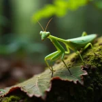 Mante religieuse verte en gros plan sur une feuille de chêne dans une forêt tempérée, illustrant la biodiversité des insectes