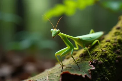Mante religieuse verte en gros plan sur une feuille de chêne dans une forêt tempérée, illustrant la biodiversité des insectes