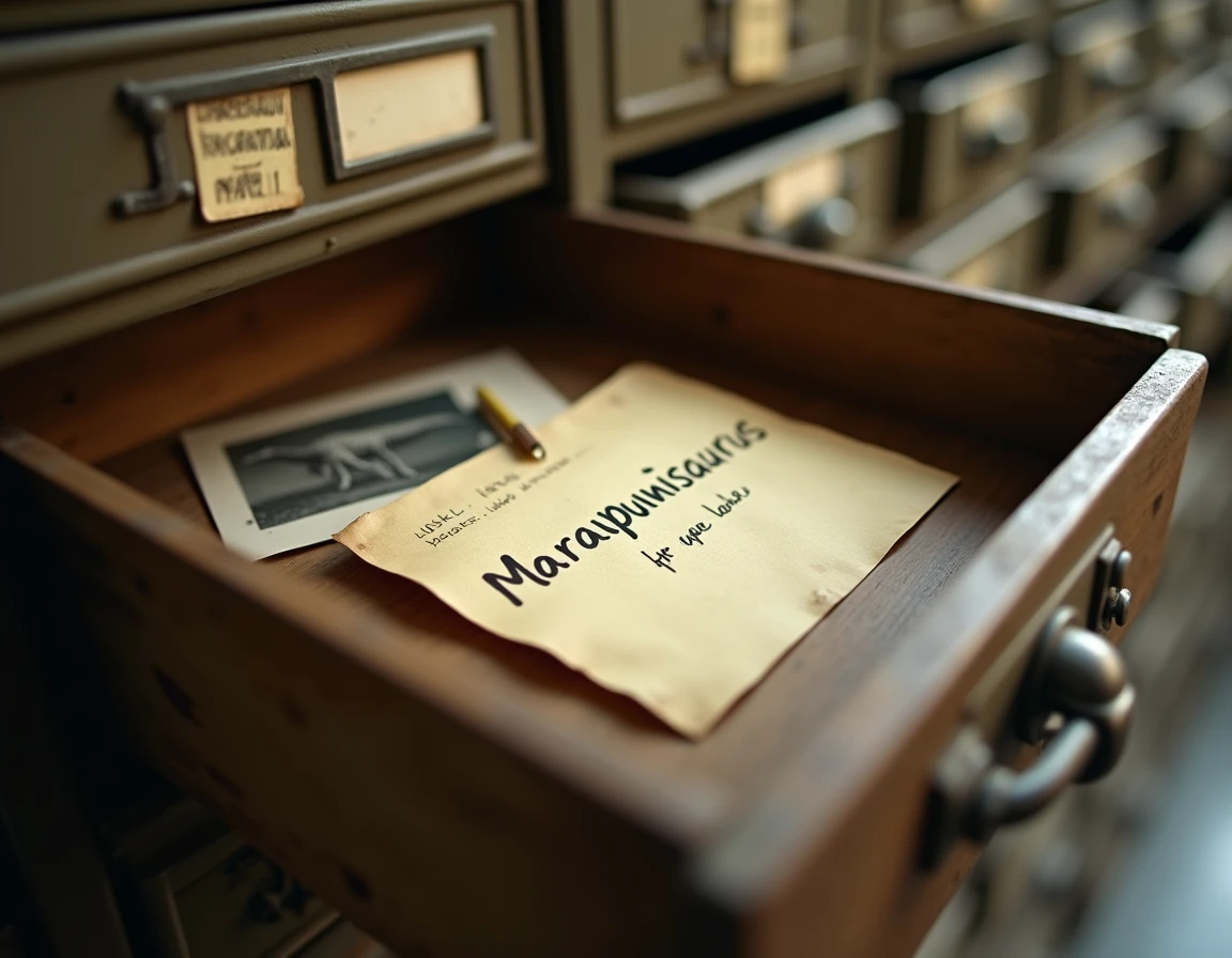 Tiroir d'archive paléontologique avec une fiche manuscrite du Maraapunisaurus et l'espace vide là où le fossile original manque, symbole du dinosaure fantôme de la paléontologie