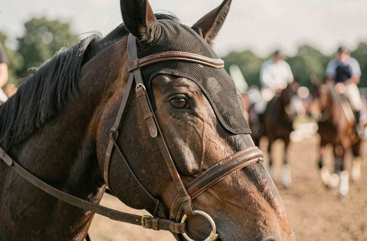 Masque anti-mouches en résille noire sur un cheval bai en compétition avec frontal à franges