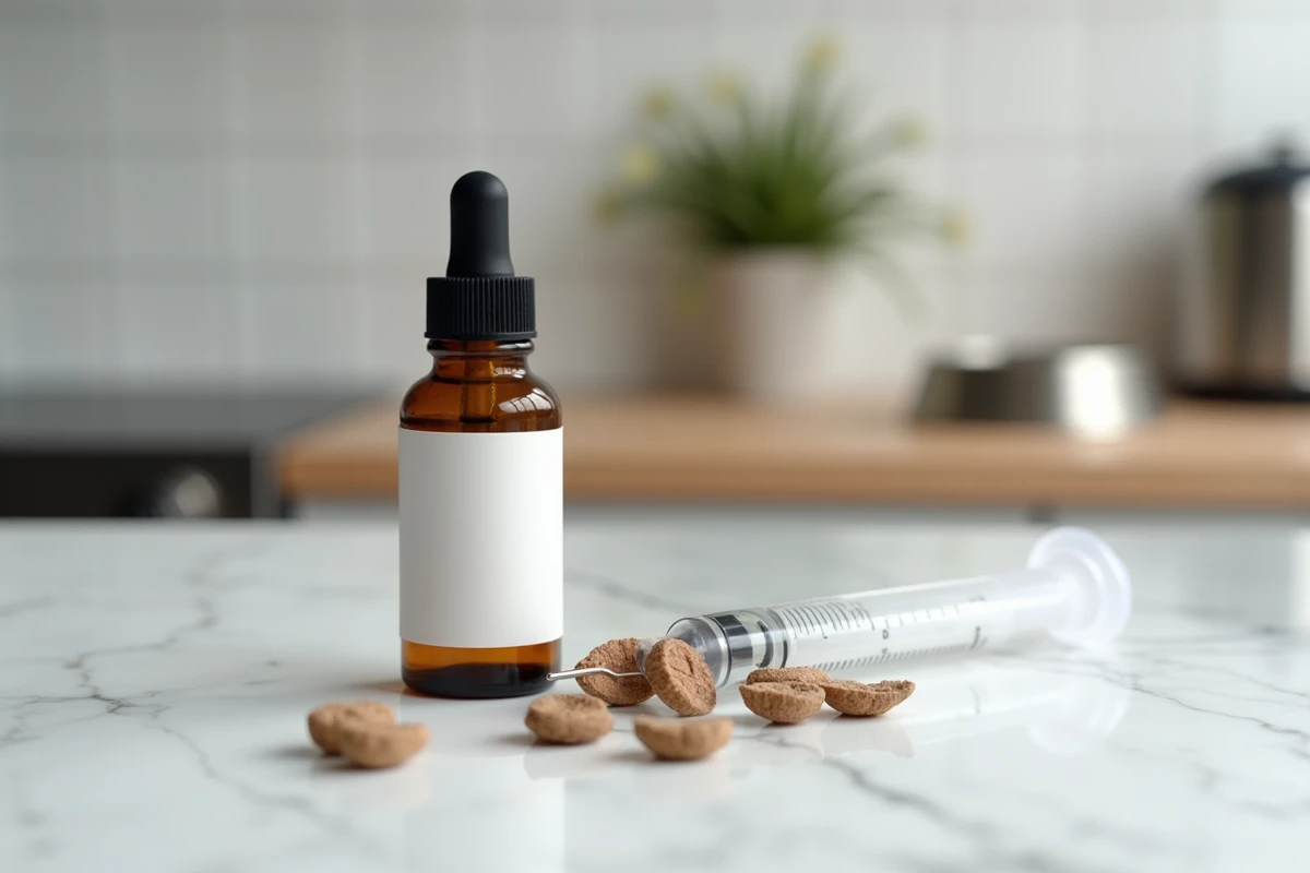 Flacon de médicament anti-inflammatoire pour chat senior avec seringue orale pour traitement de l'arthrose