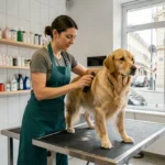 Toiletteuse professionnelle brossant un golden retriever dans un salon de toilettage canin moderne à Lyon