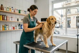 Toiletteuse professionnelle brossant un golden retriever dans un salon de toilettage canin moderne à Lyon