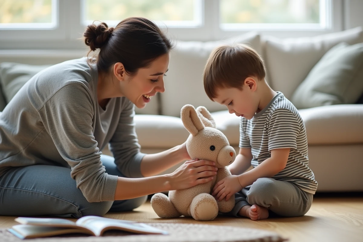 Mère et fils examinant ensemble une peluche lapin dans un salon familial naturel