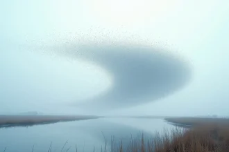 Nuée d'étourneaux en vol formant une murmurade spectaculaire au-dessus d'une zone marécageuse en hiver