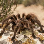 Mygale de Provence posée sur un rocher calcaire dans la garrigue, gros plan naturaliste sur une araignée Macrothele calpeiana