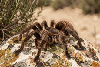 Mygale de Provence posée sur un rocher calcaire dans la garrigue, gros plan naturaliste sur une araignée Macrothele calpeiana