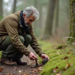 Naturaliste observant des excréments dans la forêt au printemps